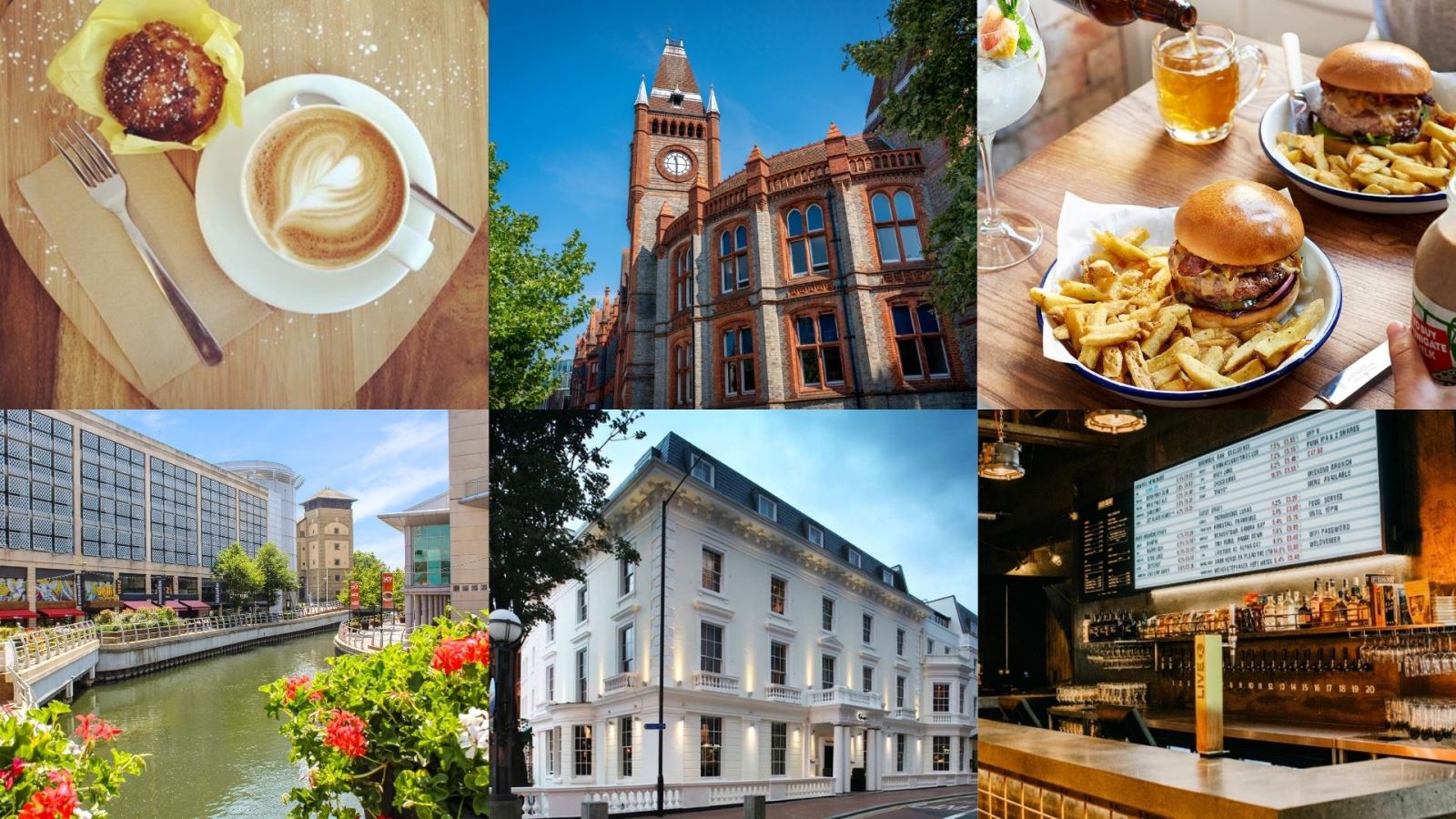 Collage of coffee, Reading Museum, burgers, Oracle Riverside, Malmaison, bar at night